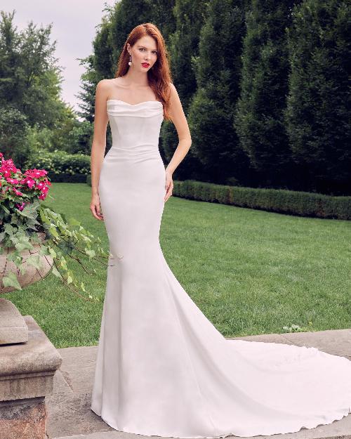 La22105 satin sheath wedding dress with buttons down the back and straight neckline1